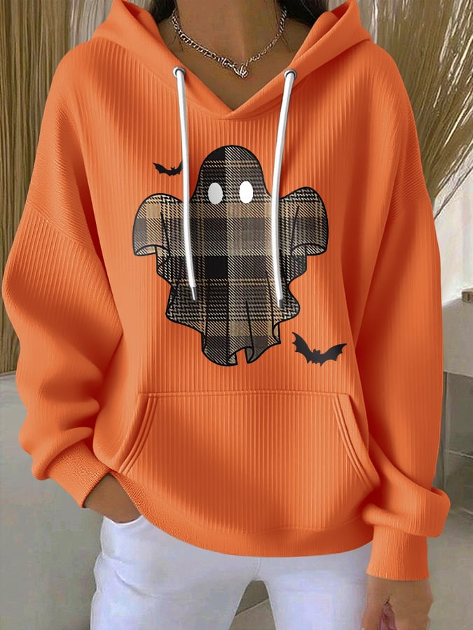 🔥HOT SALE🔥Retro Halloween Ghost & Bats Flannel Plaid Print Hoodie