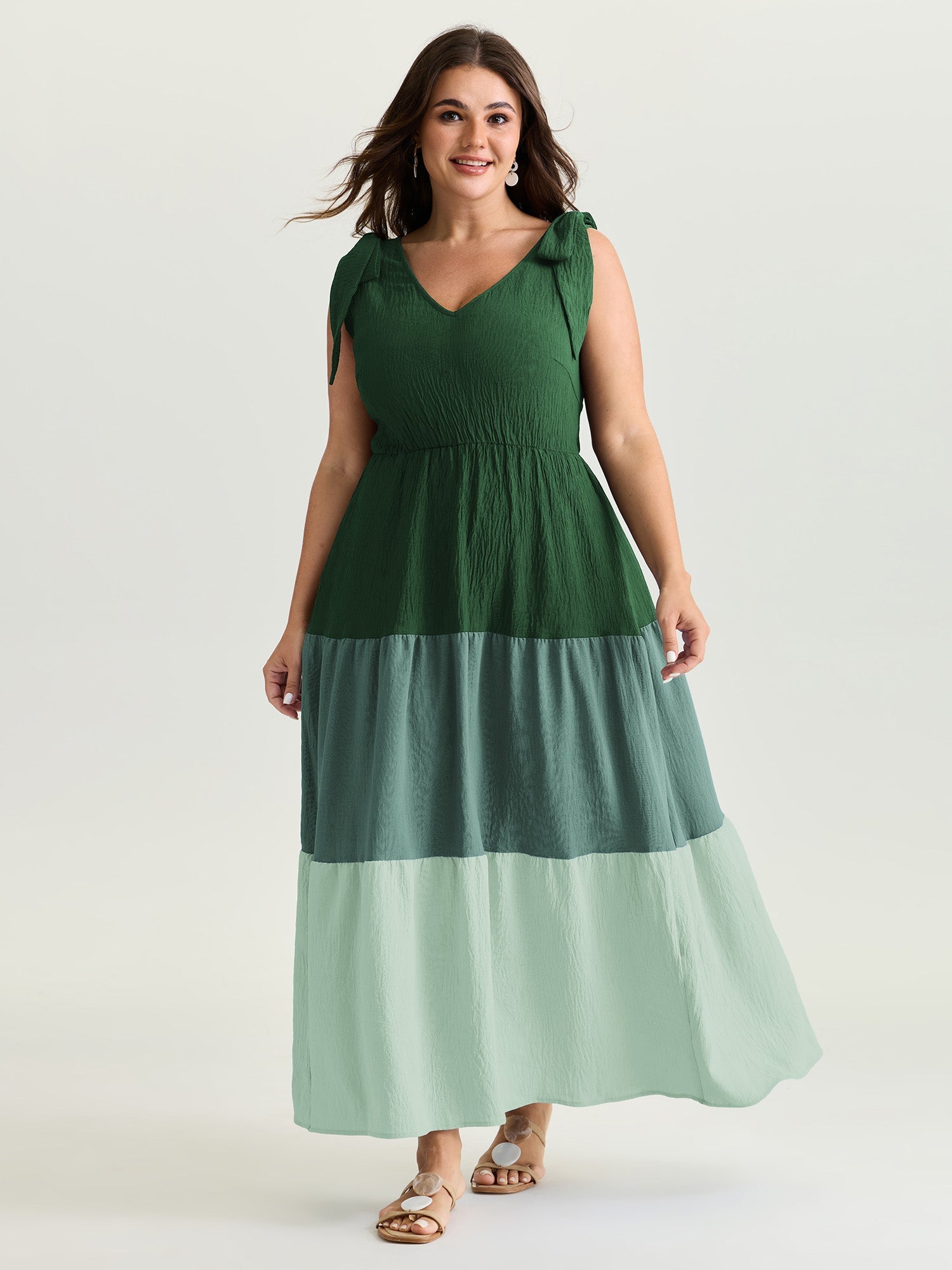Colorblock Shoulder-Tie Tiered Maxi Dress