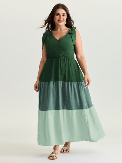 Colorblock Shoulder-Tie Tiered Maxi Dress