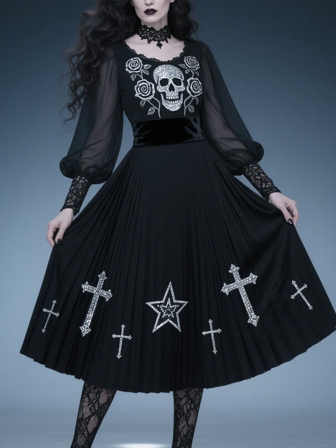 Women's Gothic Dark Skull Floral Cross Print Dress