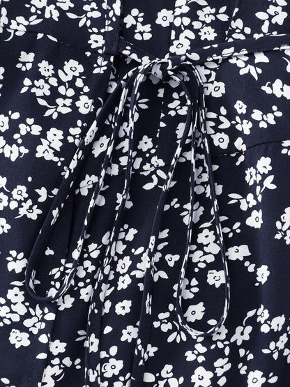 Rayon Floral Print Pleated Pockets Mini Dress