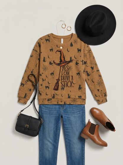 Women's Halloween Witch Broomstick Printed Waffle Knit Sweatshirt