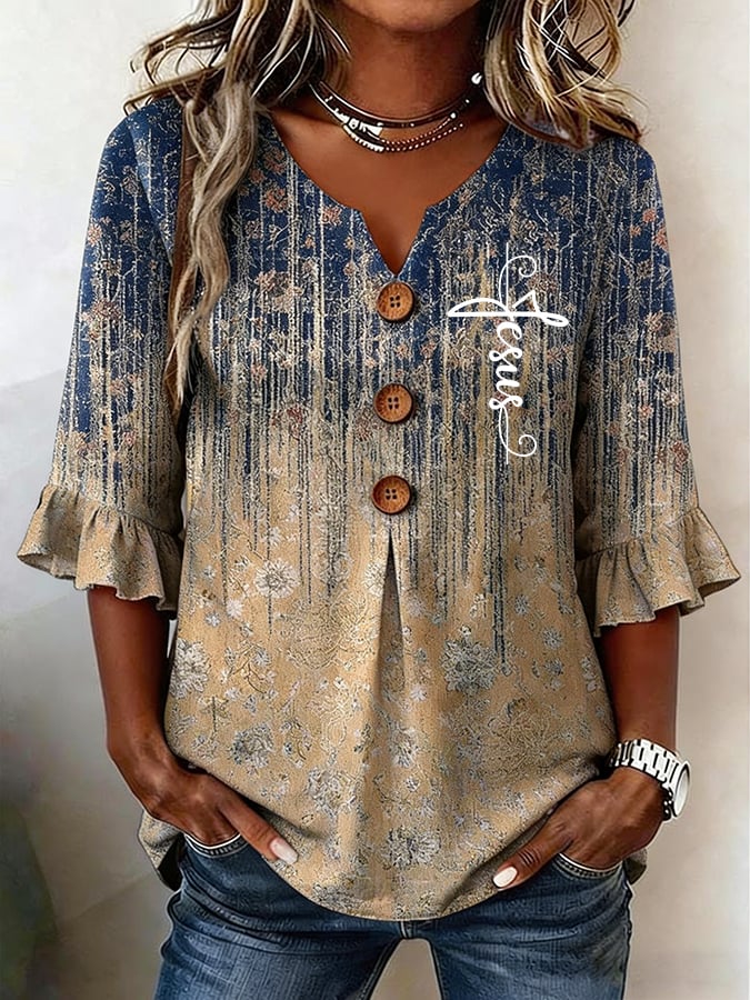 Women's Casual Faith-Print Button-Down Shirt