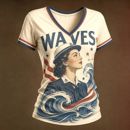 Vintage WAVES Servicewoman Ocean Wave Patriotic Women’s V-Neck T-Shirt