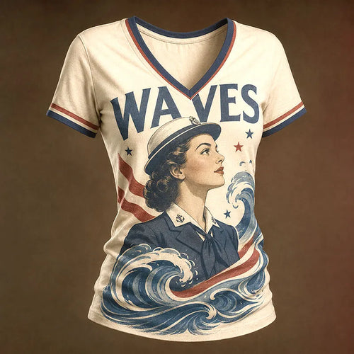 Vintage WAVES Servicewoman Ocean Wave Patriotic Women’s V-Neck T-Shirt