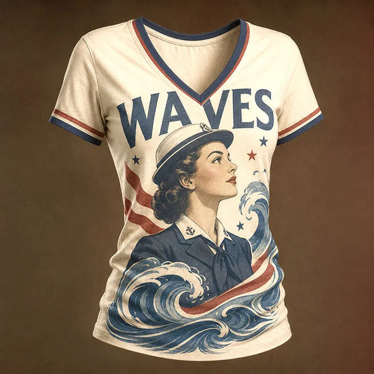 Vintage WAVES Servicewoman Ocean Wave Patriotic Women’s V-Neck T-Shirt