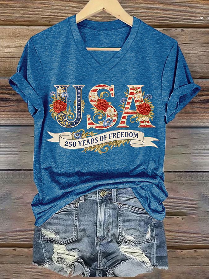 Women's American 250th Anniversary Print Casual V-Neck T-Shirt