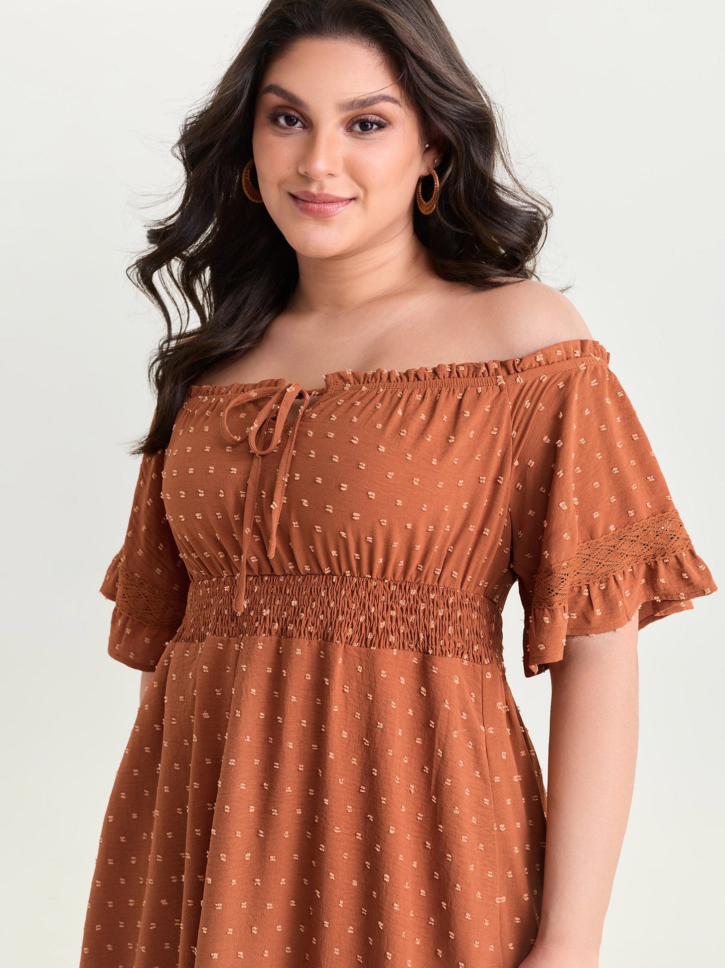 Textured Lace Trim Off-Shoulder Midi Dress
