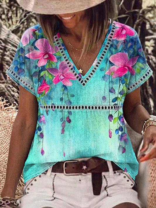 Women's Casual Flower Print V-neck Denim Shirt