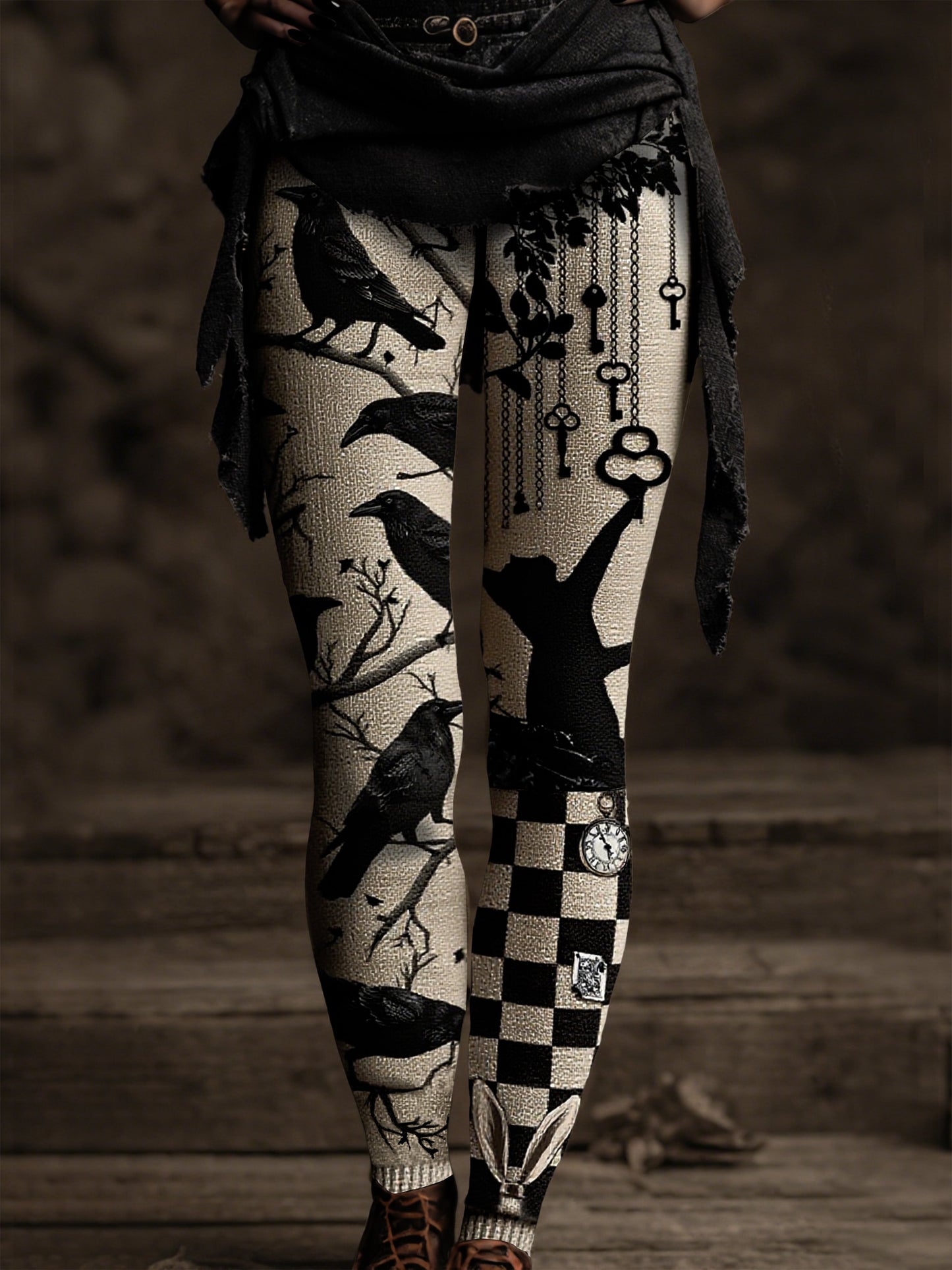 Women's Vintage Medieval Crow Black Cat Key Print Pants