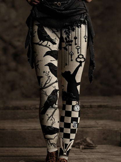 Women's Vintage Medieval Crow Black Cat Key Print Pants