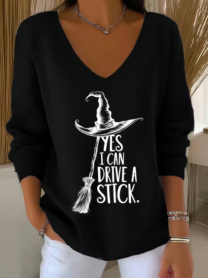 🔥Buy 2 Get 10% Off🔥Women'S Witch "Yes I Can Drive A Stick"  Print Drop Shoulder Sweater
