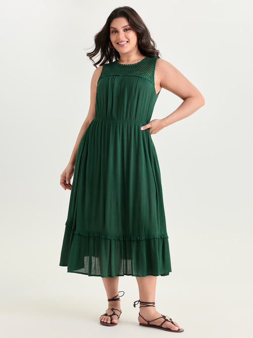Sheer Neckline Ruffled Hem Midi Dress