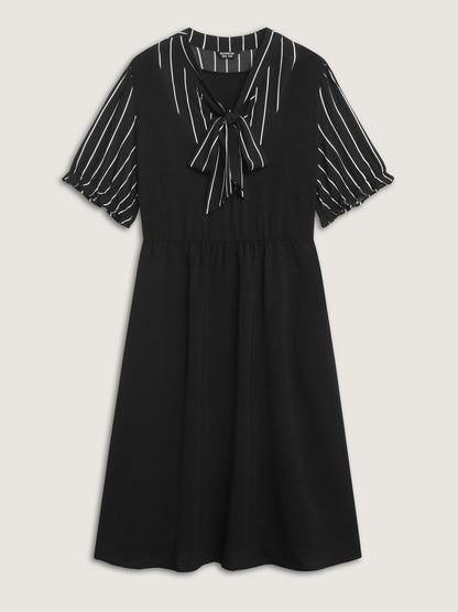 Striped Ribbon Neckline Contrast Midi Dress