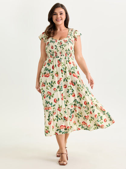 Zesty Fruit Print Shirred Bodice Midi Dress