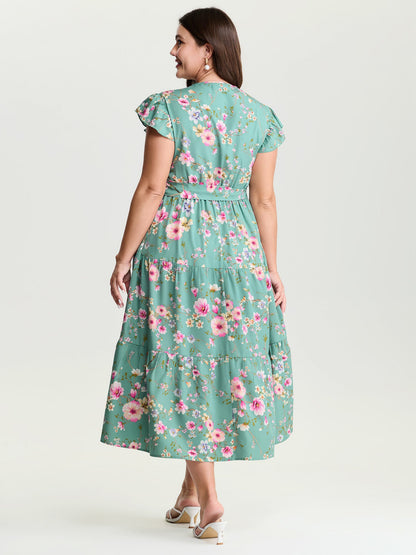 Playful Floral Print Flutter Sleeve Maxi Dress