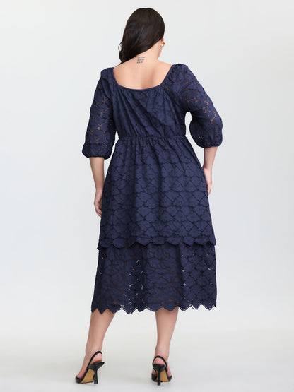Lace Trim Stretchy Waist Tiered Midi Dress