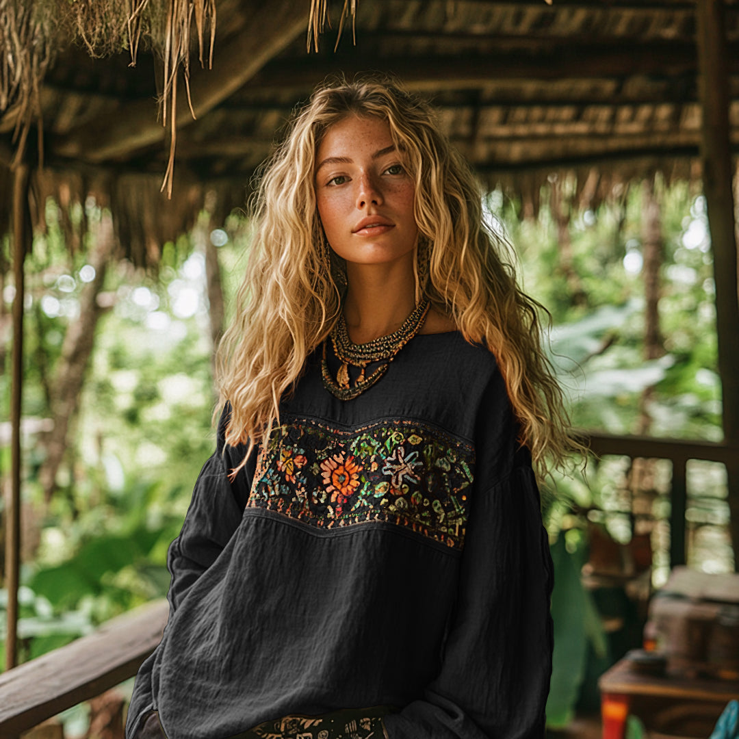 Retro Bohemian Art Print Cotton And Linen Blend Loose Blouse