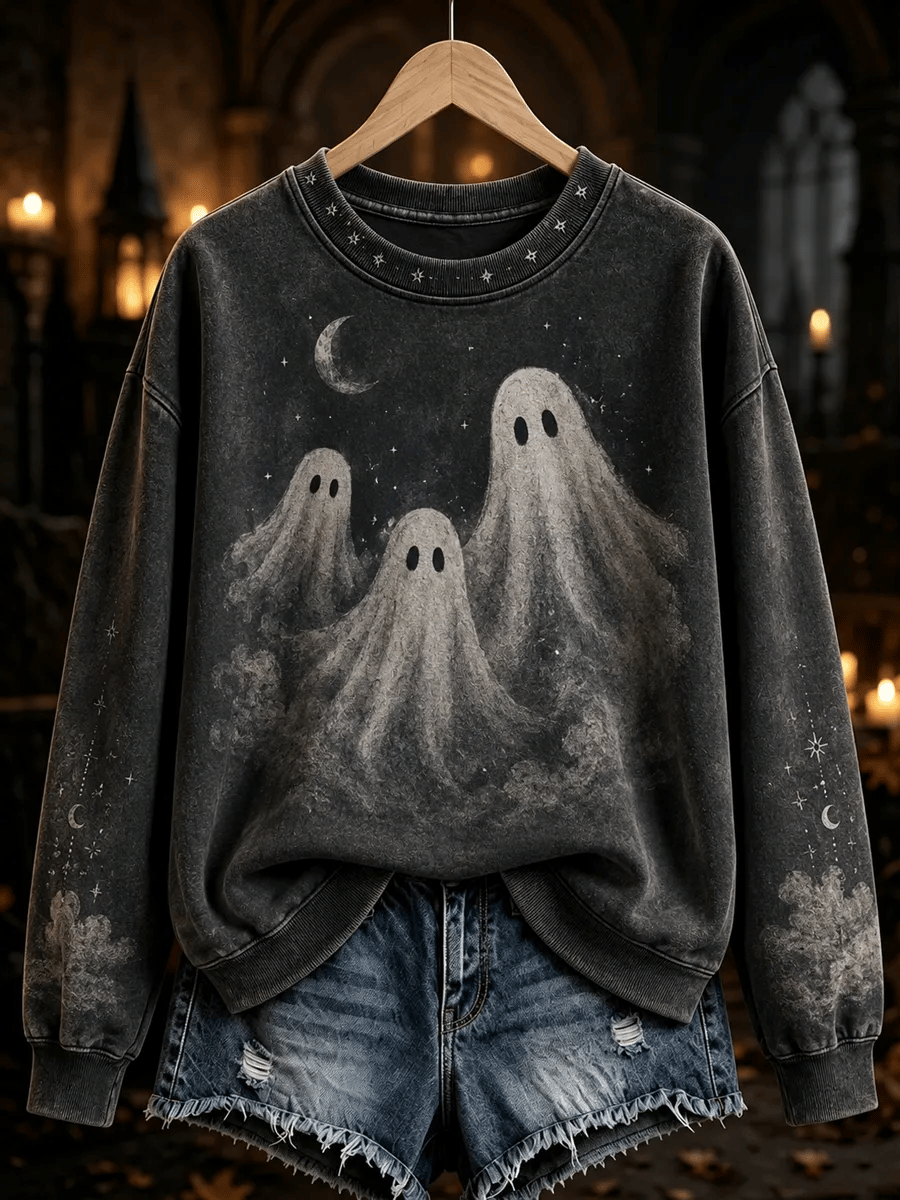 Women's Halloween Ghost-Print Fleece-Lined Crewneck Sweatshirt