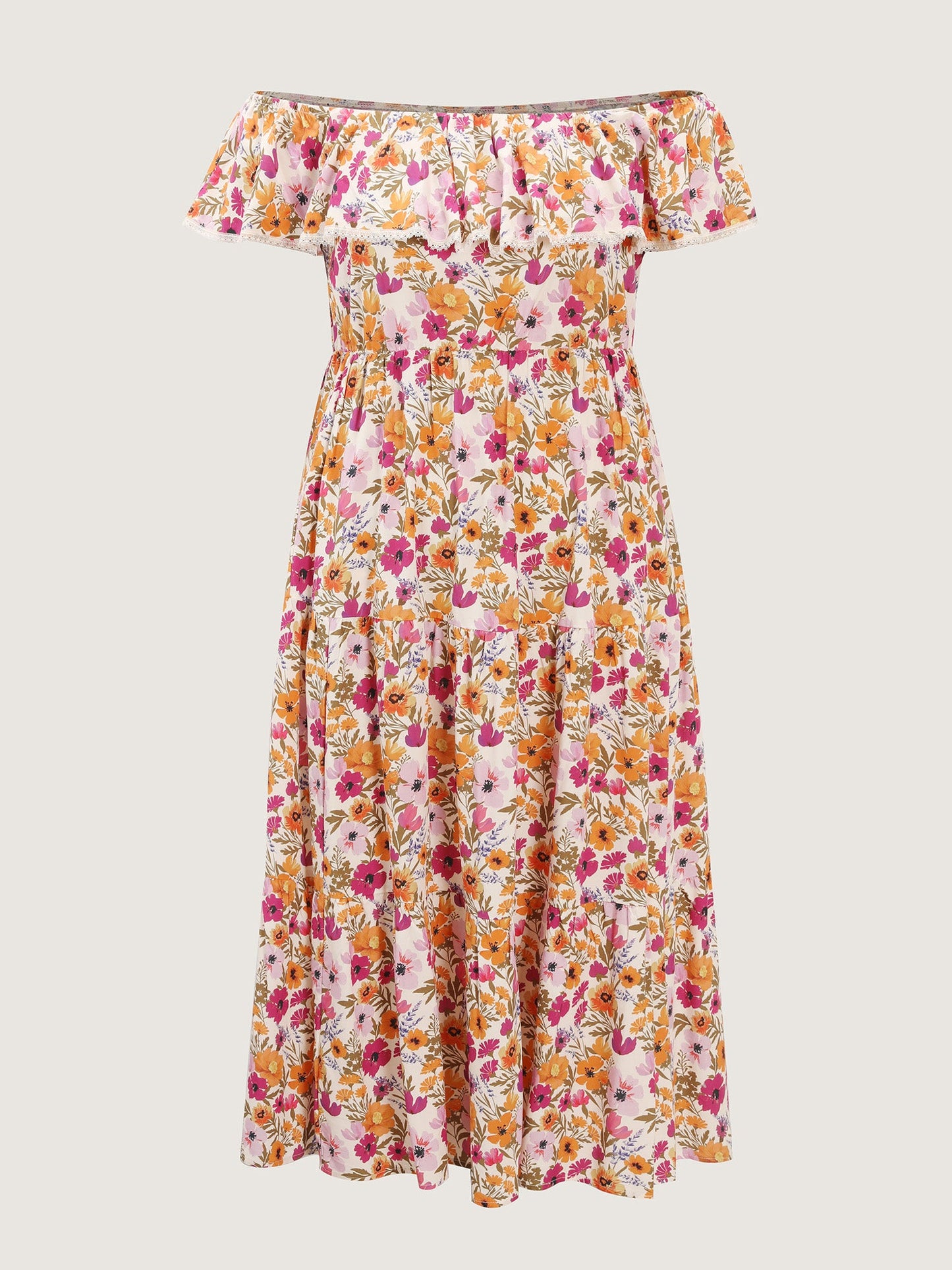 Floral Print Off-Shoulder Stretchy Waist Maxi Dress