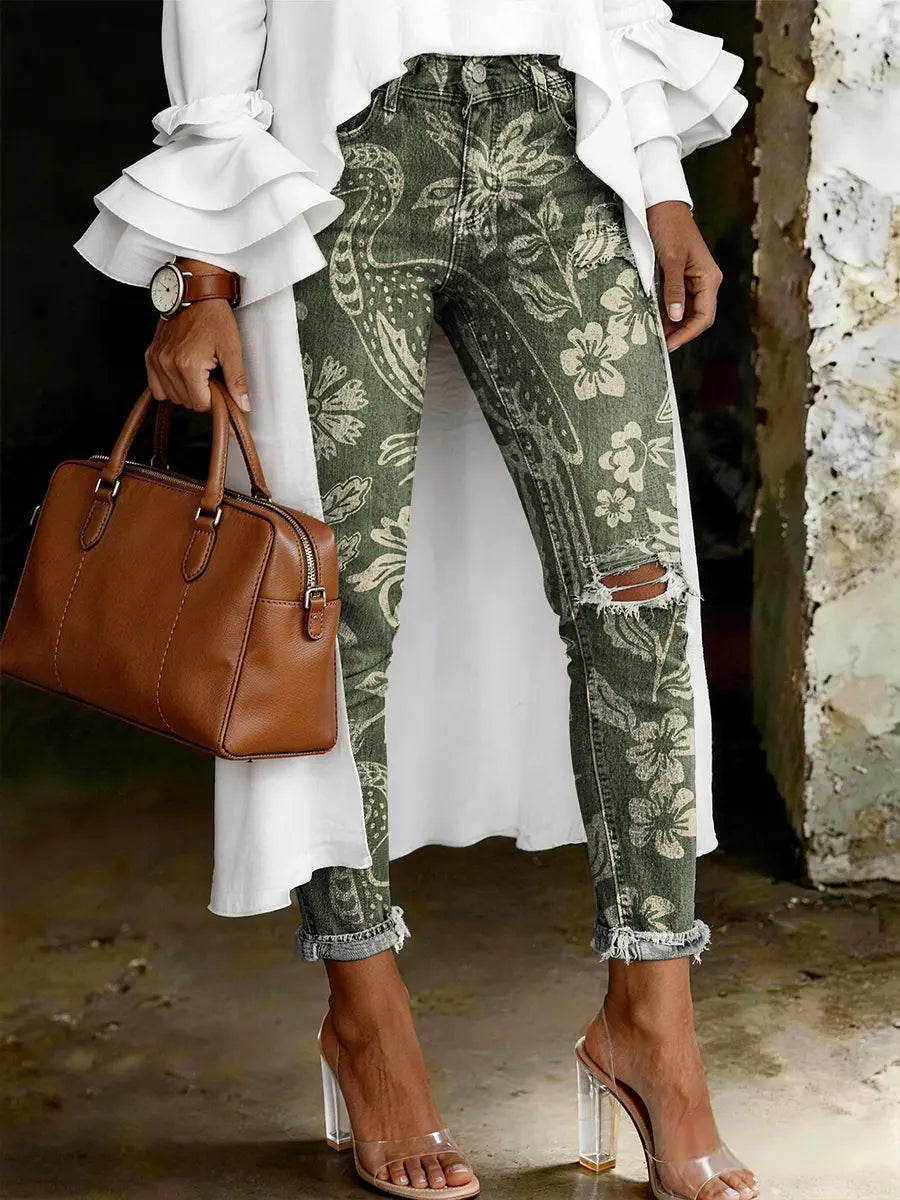Women's Fashion Casual Flowers Art Print Ripped Skinny Jeans