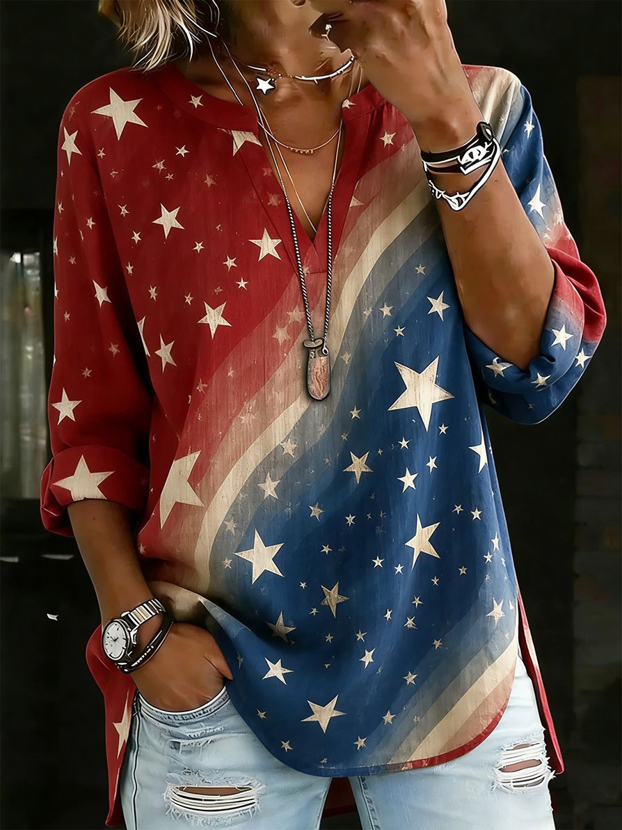 Women's Retro-Art American Flag Crewneck Top with V-Notch