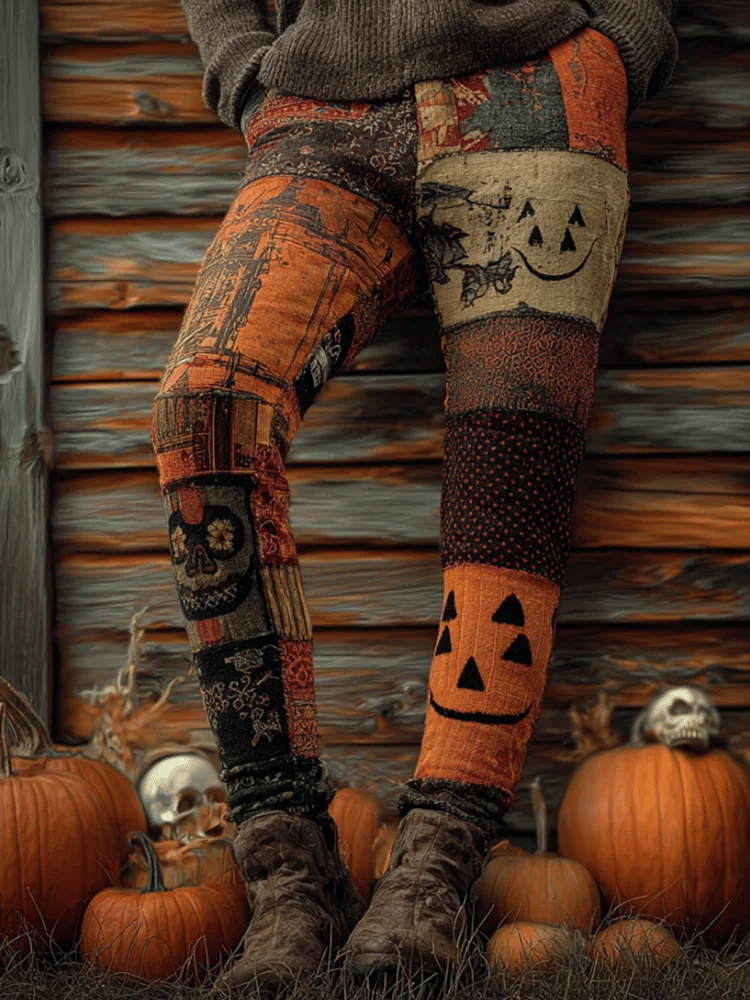 Women's Halloween Pumpkin Face Art Comfortable Knitted Print Leggings