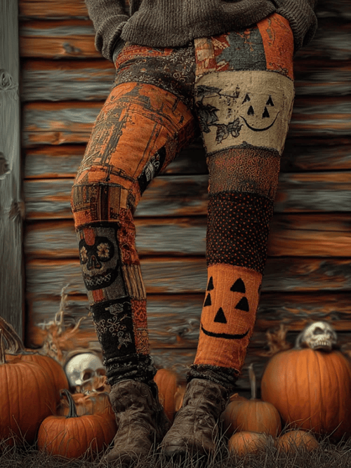 Women's Halloween Pumpkin Face Art Comfortable Knitted Print Leggings
