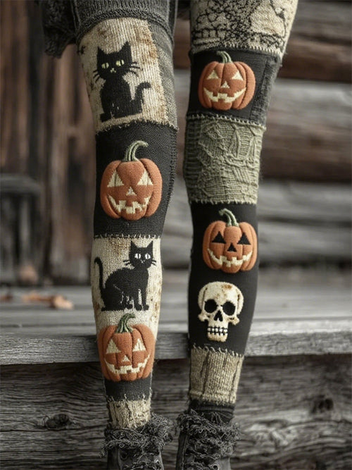 Women's Autumn and Winter Halloween Retro 3D Sweater Textured Black Cat Pumpkin Print Holiday Pants