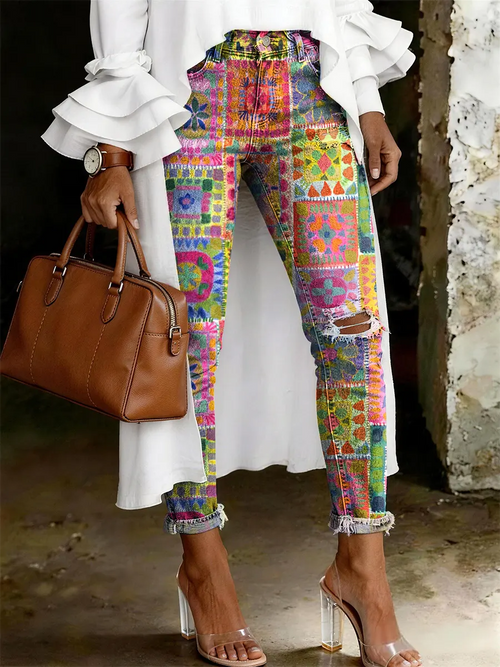 Women's Fashion Casual Multicolor Flowers Art Print Ripped Skinny Jeans