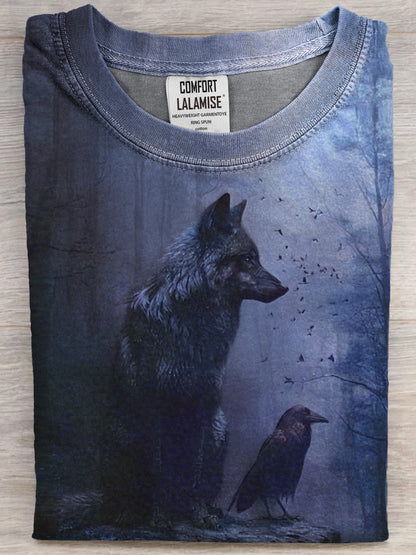 Funny Dark Wolf And Crow Art Print Casual Cotton Short Sleeve T-shirt