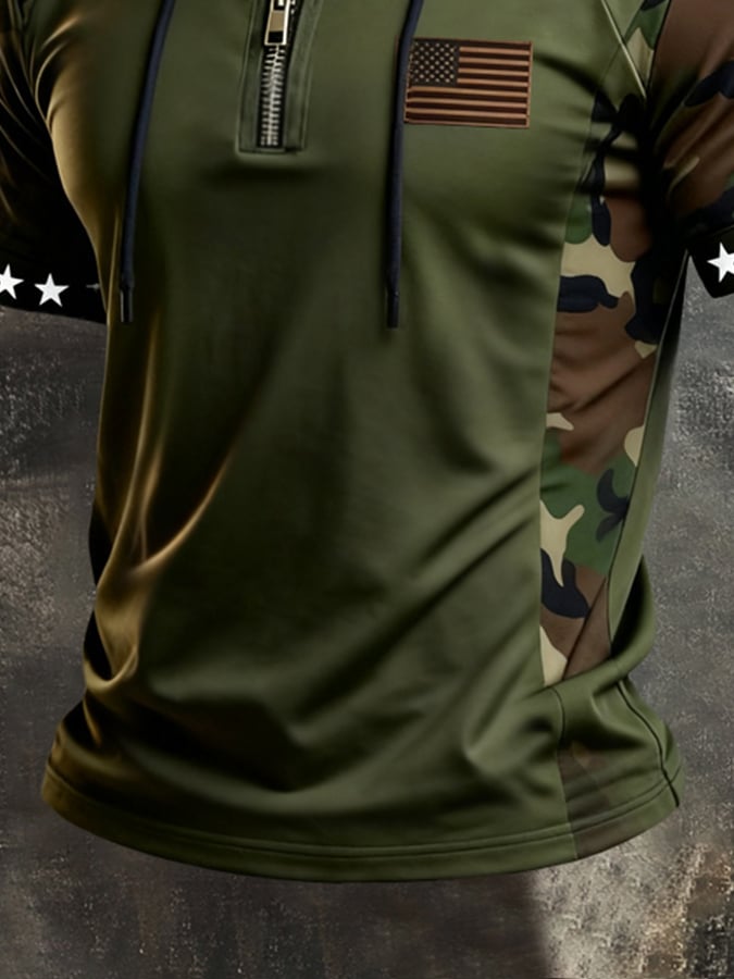 Men's Retro Patriotic Color-Block Short-Sleeve Hoodie T-Shirt