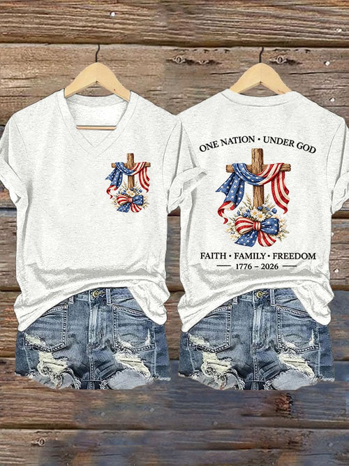 Women's USA 250 Years One Nation Under God Print V Neck T-shirt