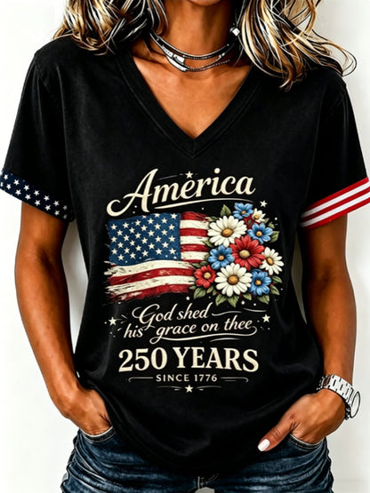 Women's Floral American Flag Printed Casual T-shirt
