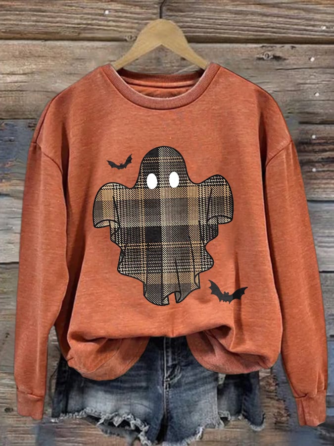 🔥Buy 2 Get 10% Off🔥Retro Halloween Ghost & Bats Flannel Plaid Print Sweatshirt