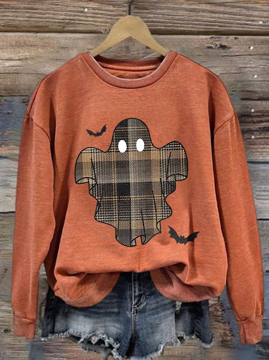 🔥Buy 2 Get 10% Off🔥Retro Halloween Ghost & Bats Flannel Plaid Print Sweatshirt