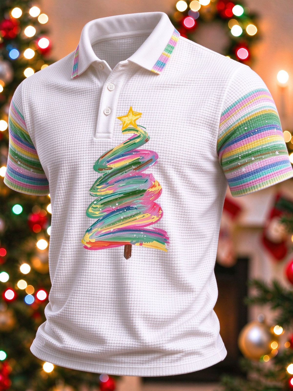 Men's Christmas Print Short-Sleeve Waffle Polo Shirt