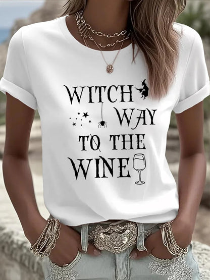 🔥HOT SALE🔥Women's Witch Way To The Wine Print Casual T-shirt