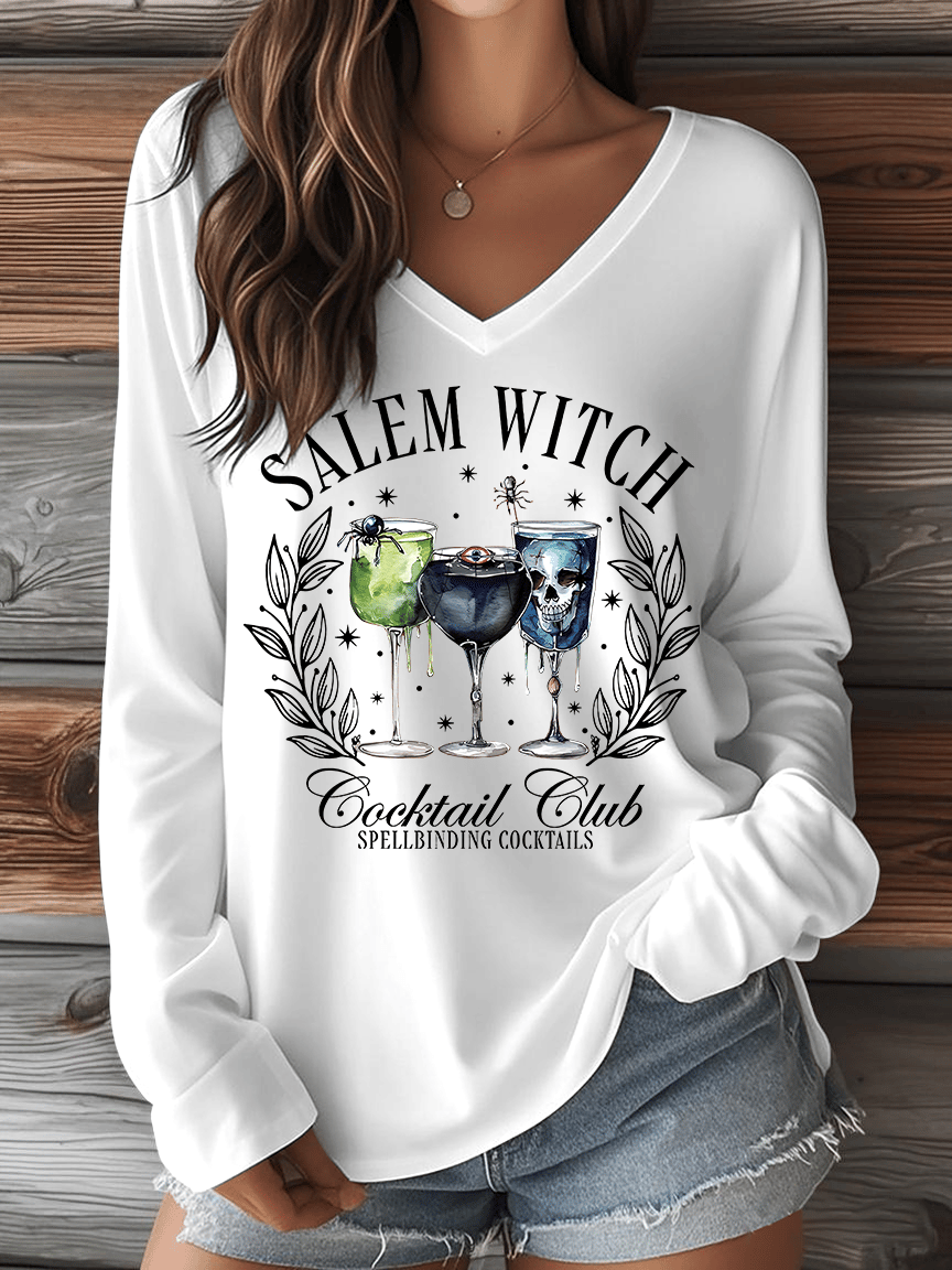 🔥HOT SALE🔥Women's Halloween Salem Witch Cocktail Club Spellbinding Cocktails Print V-Neck Long Sleeve T-Shirt