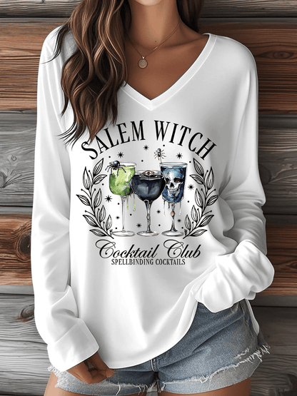 🔥HOT SALE🔥Women's Halloween Salem Witch Cocktail Club Spellbinding Cocktails Print V-Neck Long Sleeve T-Shirt