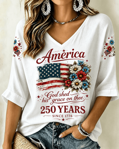 250th Anniversary Flag with Small Floral Print V-neck Half Sleeved Loose Top