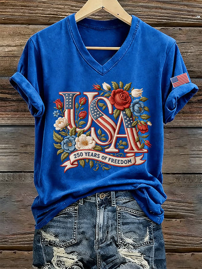 Women's 250 Years Of Freedom Print V Neck T-shirt