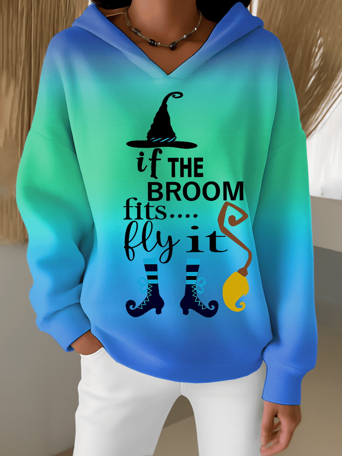 🔥HOT SALE🔥Women's Halloween Witch Print Furry Lined Hoodie