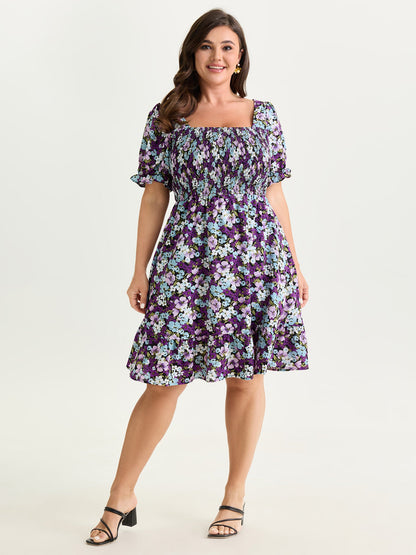 Floral Print Bowknot Puff Sleeve Mini Dress
