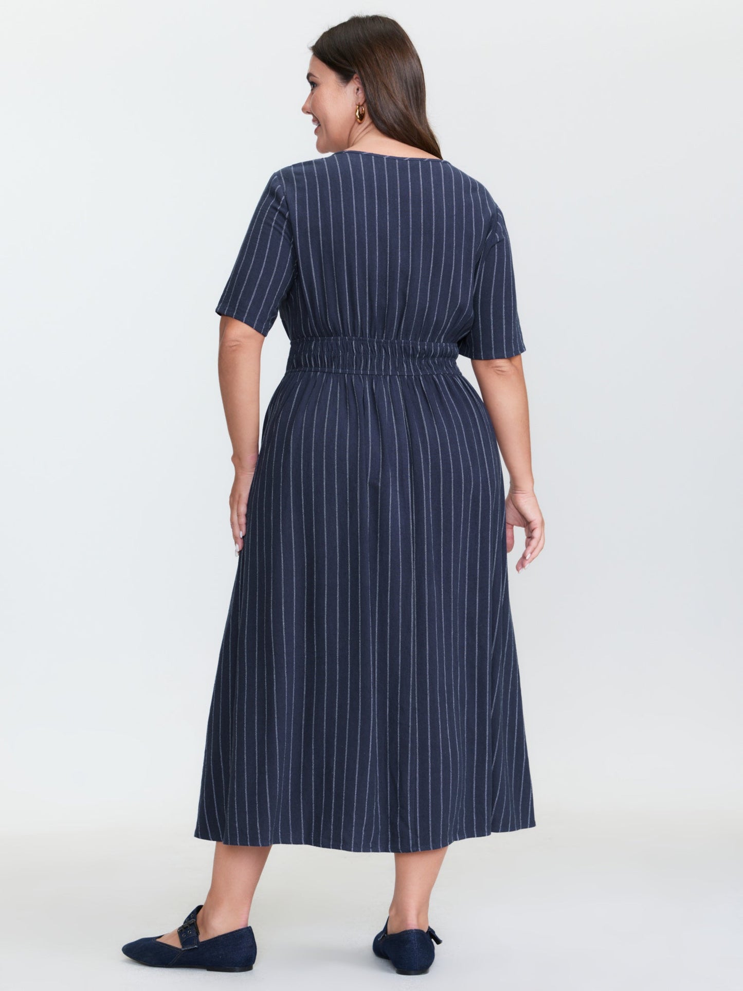 Striped V-Neck Shirred Waist Midi Dress