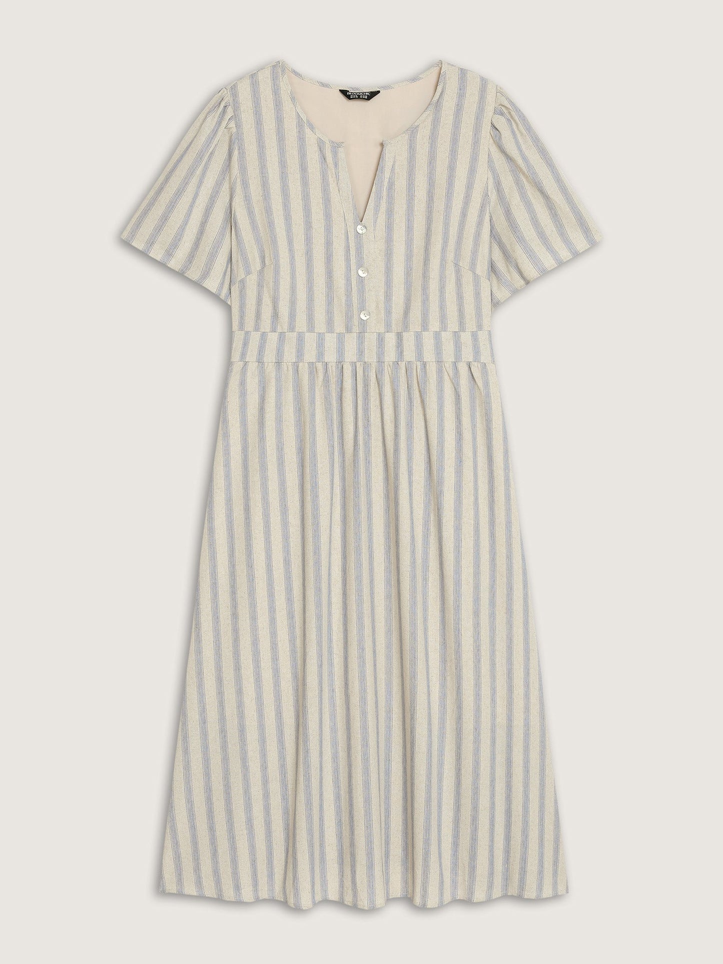 Monochrome Striped Print Split Neck Midi Dress
