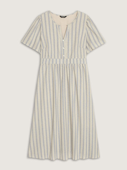 Monochrome Striped Print Split Neck Midi Dress