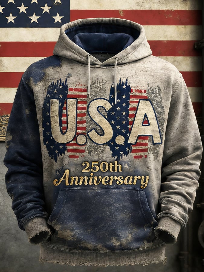 Men's Retro American 250th Anniversary Print Hooded Sweatshirt