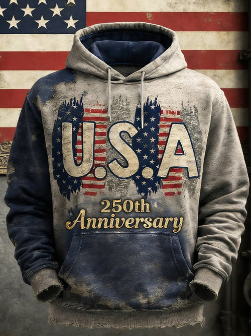 Men's Retro American 250th Anniversary Print Hooded Sweatshirt