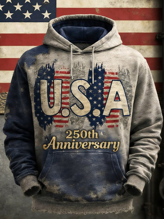 Men's Retro American 250th Anniversary Print Hooded Sweatshirt
